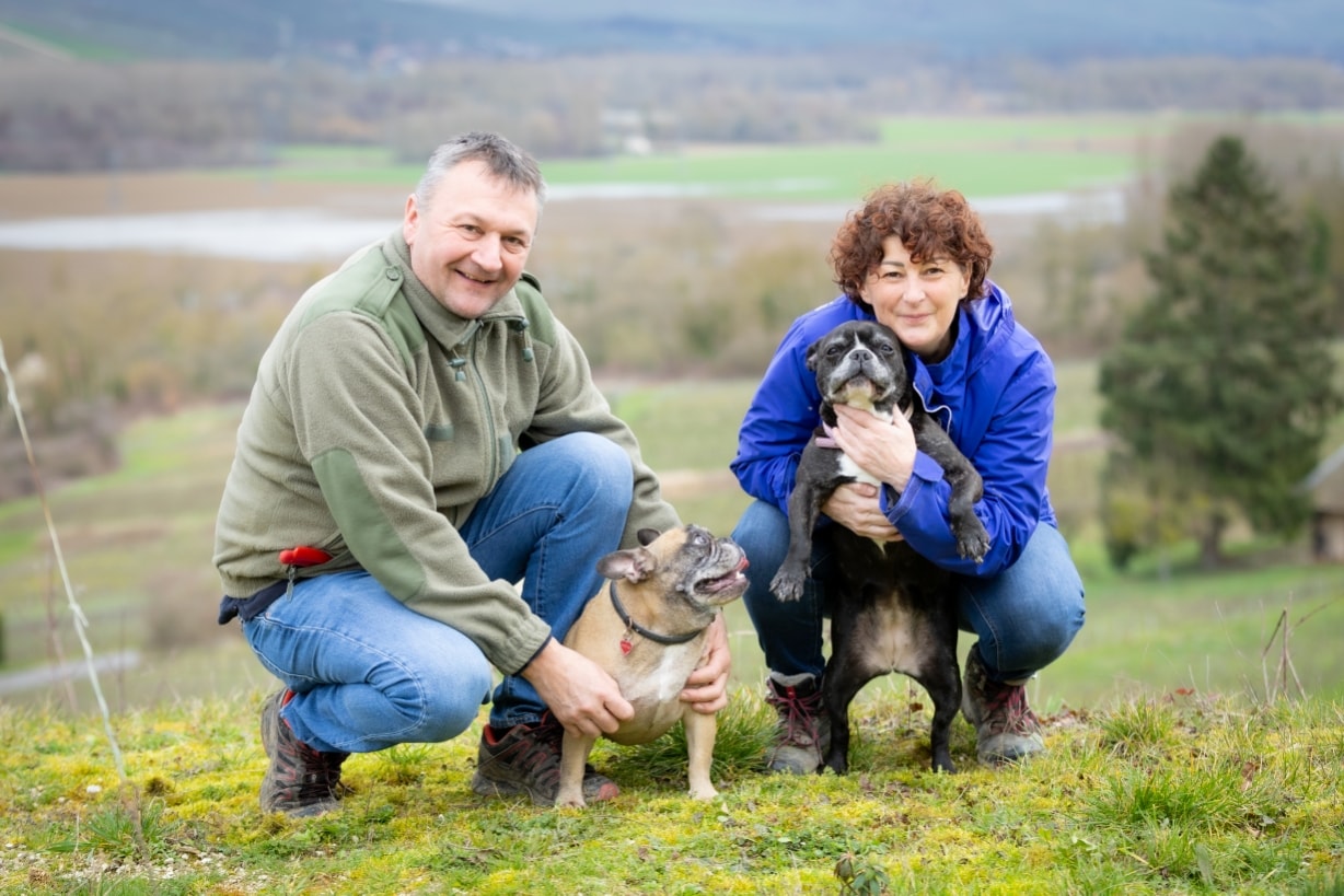 Michael et Fanny avec leurs bouledogues dans le vignoble